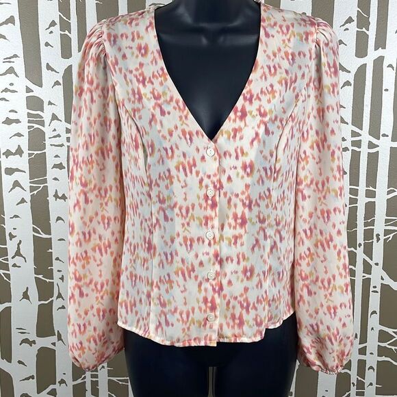 LUSH Pink Peach Yellow Pastel Leopard Print Button Front Blouse XS - Picture 1 of 5